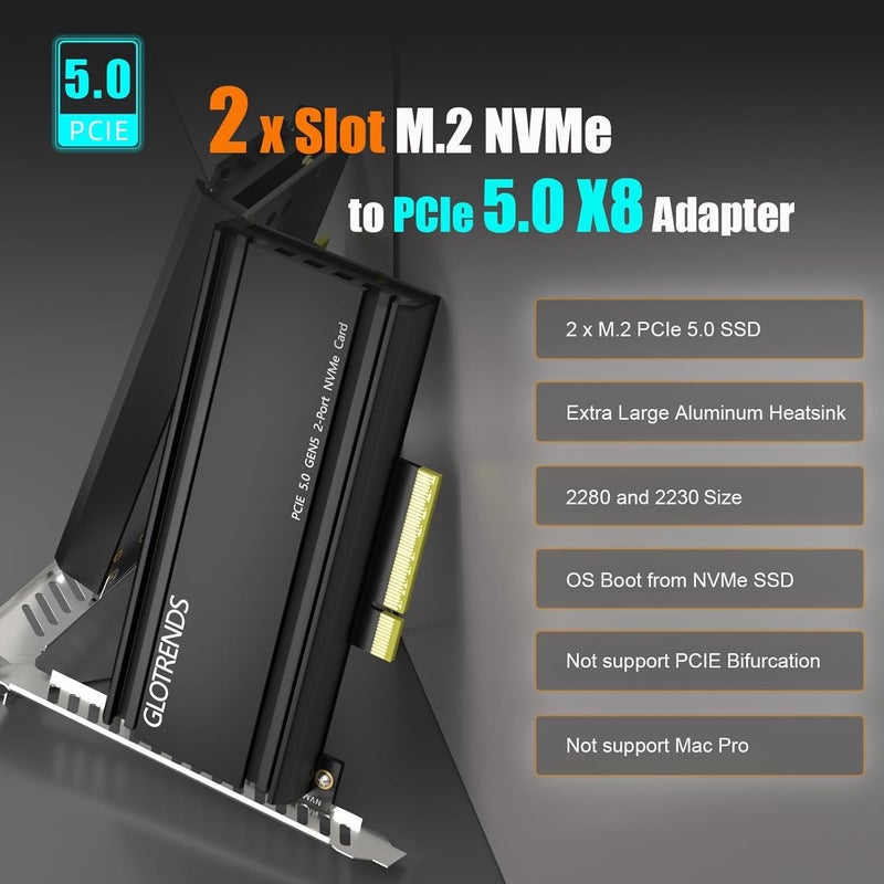 GLOTRENDS PA52L Dual M.2 NVMe to PCIe 5.0 X8 Adapter Without PCIe Bifurcation, Setup Soft M.2 NVMe RAID via OS Tool (PCIe Bifurcation Motherboard is Required) - Image 2